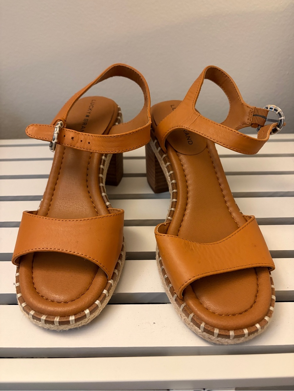 Lucky Brand Cognac Tan Block Heel Sandals with Ankle Strap